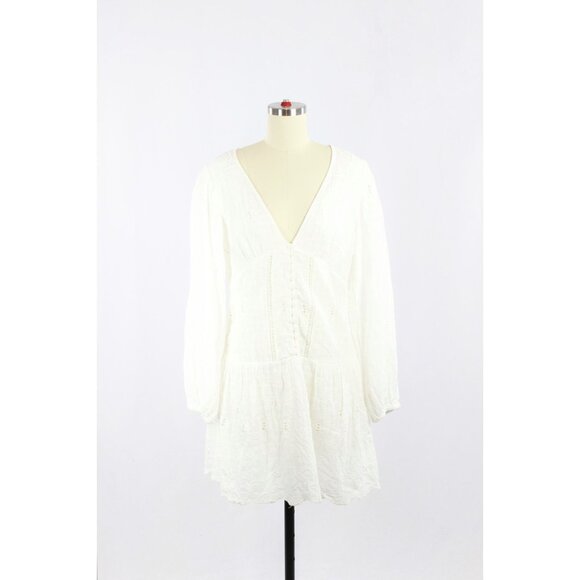 ZARA White Cotton Embroidered Eyelet Long Sleeve Button Front Mini Dress, Size M - Picture 1 of 16